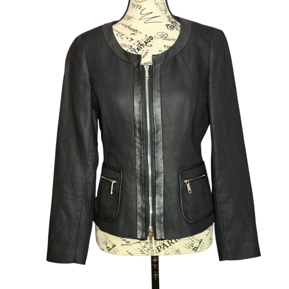 Lafayette 148 New York Black Linen Full Zip Jacket with Leather Accents 6P - Picture 1 of 12
